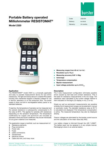 Data-Sheet - Portable Battery operated Milliohmmeter RESISTOMAT - Model 2320