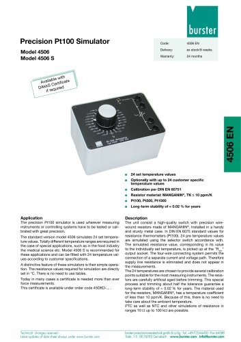 Data-Sheet - Precision Pt100 Simulator Model 4506 Model 4506 S