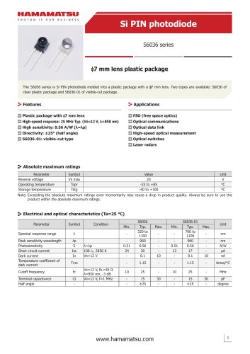 Si PIN photodioded S6036 series