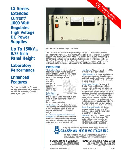 LX Series Extended Current* 1000 Watt Regulated High Voltage DC Power Supplies