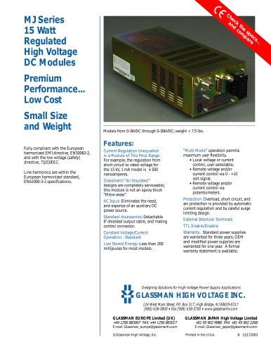 MJ Series 15 Watt Regulated High Voltage DC Modules