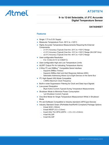 AT30TS74 9- to 12-bit Selectable, ±1.0°C Accurate Digital Temperature Sensor
