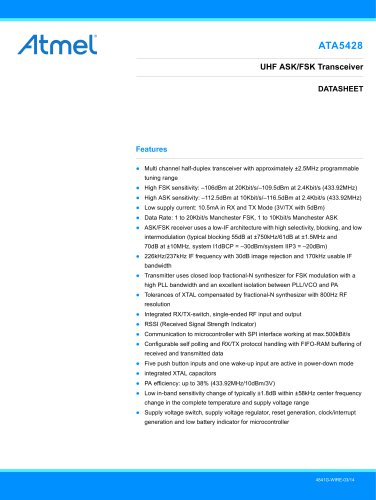 ATA5428 UHF Transceiver for ASK and FSK Systems, 315 MHz