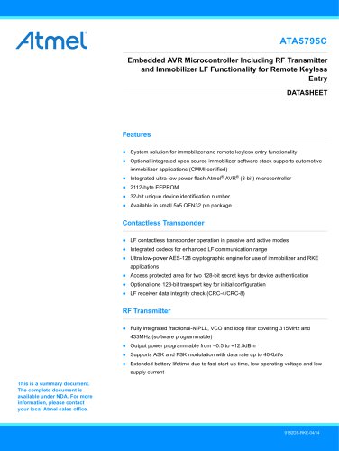 ATA5795C Embedded AVR Microcontroller Including RF Transmitter and Immobilizer LF Functionality for Remote Keyless Entry