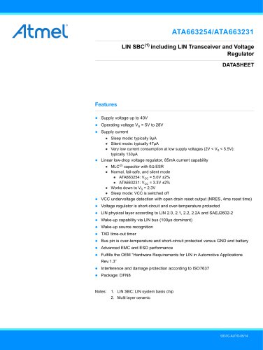 ATA663254/ATA663231 4th generation LIN Bus Transceiver with Integrated Voltage Regulator 5.0V/3.3V, 8-Pin