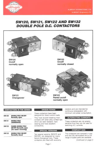 SW120, SW121, SW122 & SW132 Series of Double Pole D.C. Contactors