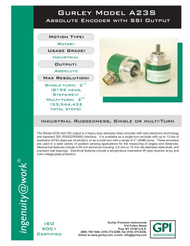 A23S Absolute, Multi-Turn, SSI Output Encoder