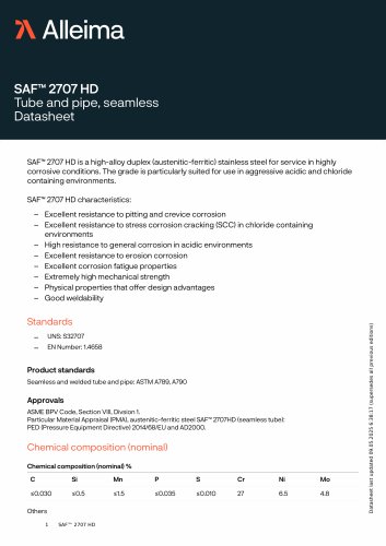 SAF™ 2707 HD Tube and pipe, seamless Datasheet