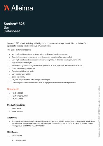 Sanicro® 825 Bar Datasheet