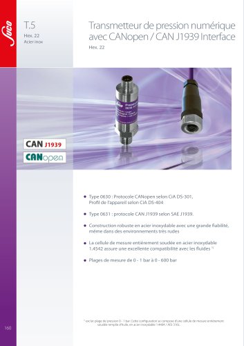 T.5 Transmetteur de pression numérique hex.22 CANopen / CAN J1939
