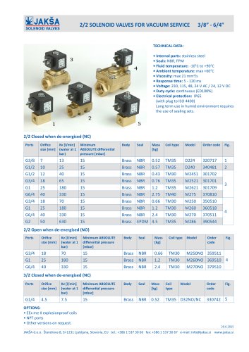 2/2 SOLENOID VALVES FOR VACUUM SERVIC