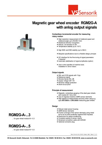 Magnetic gear wheel encoder RGM2G-A with anlog output signals