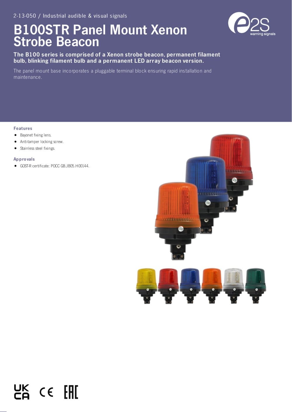 B100STR Panel Mount Xenon Strobe Beacon - E2S Warning Signals