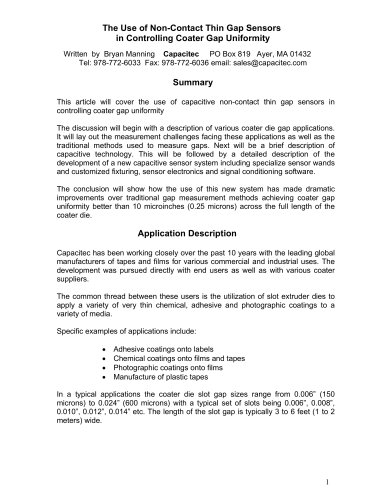 Article, "The Use of Non-Contact Thin Gap Sensors in Controlling Coater Gap Uniformity"