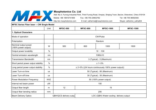 MAX 500W~1500W Fiber Laser Source for laser cutting