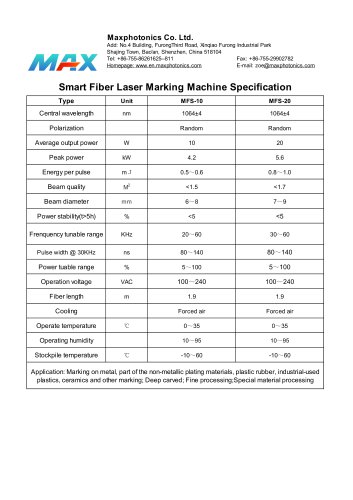 Maxphotonics Portable MFS-10 Smart Fiber Laser Marking Machine Specification