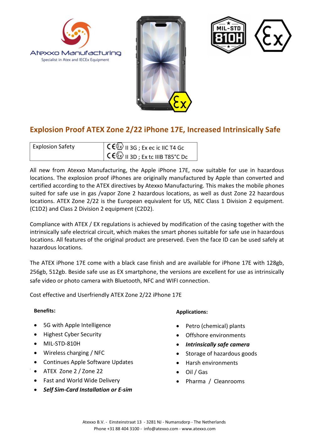 Product flyer explosion Proof iPhone 17E (Ex Zone 2) - Atexxo B.V.