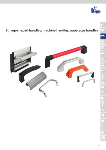 Stirrup-shaped handles, machine handles, apparatus handles