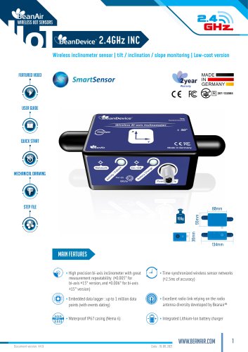 Datasheet BeanDevice® 2.4GHz INC , Wireless Inclinometer for IOT applications