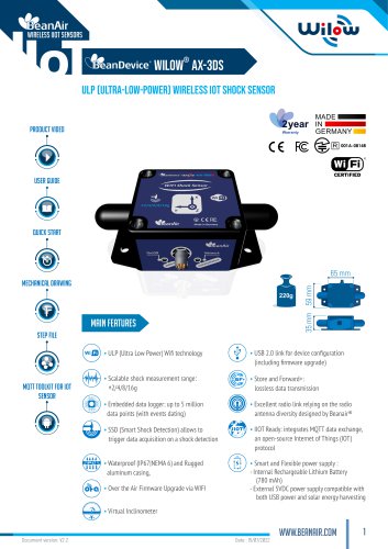 Datasheet BeanDevice Wilow AX-3DS , WIFI Shock sensor for Industrial IOT application