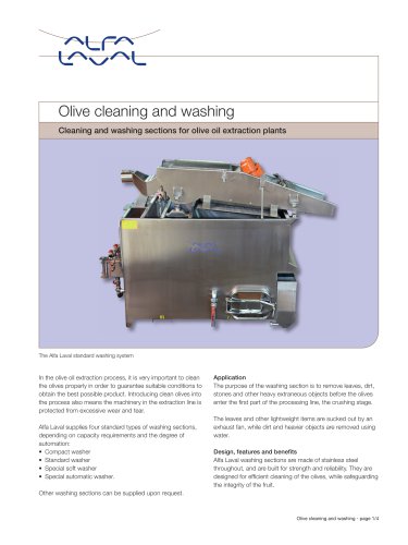 Cleaning and washing sections for olive oil extraction plants