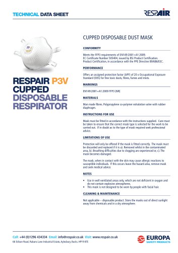 RESPAIR P3V CUPPED DISPOSABLE RESPIRATOR