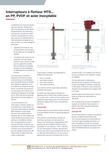 D&eacute;tecteurs de niveau &ndash; Interrupteurs &agrave; flotteur MTSu/MTSt