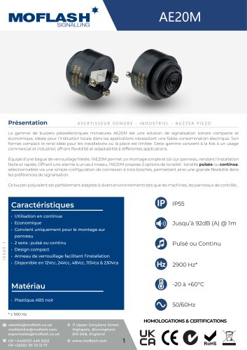Fiche technique - Buzzer AE20M