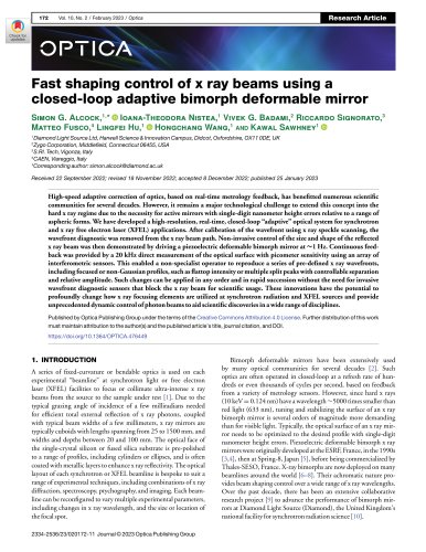 Fast shaping control of x ray beams using a closed-loop adaptive bimorph deformable mirror