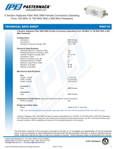 5 Section Highpass Filter With SMA Female Connectors Operating  From 100 MHz To 750 MHz With a 650 MHz Passband