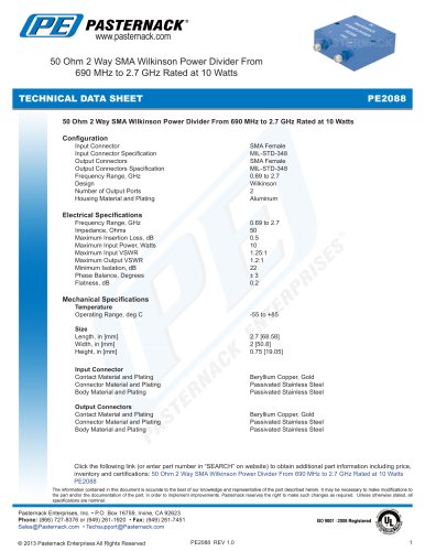 50 Ohm 2 Way SMA Wilkinson Power Divider From 690 MHz to 2.7 GHz Rated at 10 Watts