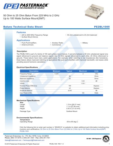 50 Ohm to 25 Ohm Balun From 225 MHz to 2 GHz  Up to 100 Watts Surface Mount(SMT)