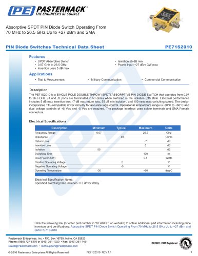 Absorptive SPDT PIN Diode Switch Operating From  70 MHz to 26.5 GHz Up to +27 dBm and SMA