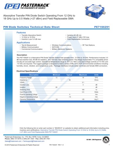 Absorptive Transfer PIN Diode Switch Operating From 12 GHz to  18 GHz Up to 0.5 Watts (+27 dBm) and Field Replaceable SMA