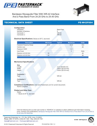 Bandpass Waveguide Filter With WR-42 Interface  And a Pass Band From 24.25 GHz to 24.45 GHz