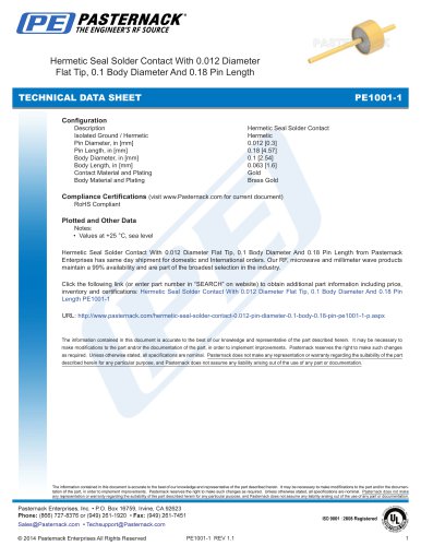 Hermetic Seal Solder Contact With 0.012 Diameter  Flat Tip, 0.1 Body Diameter And 0.18 Pin Length