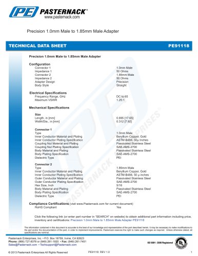 Precision 1.0mm Male to 1.85mm Male Adapter