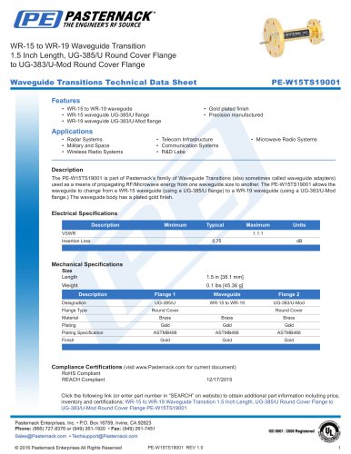 WR-15 to WR-19 Waveguide Transition  1.5 Inch Length, UG-385/U Round Cover Flange  to UG-383/U-Mod Round Cover Flange