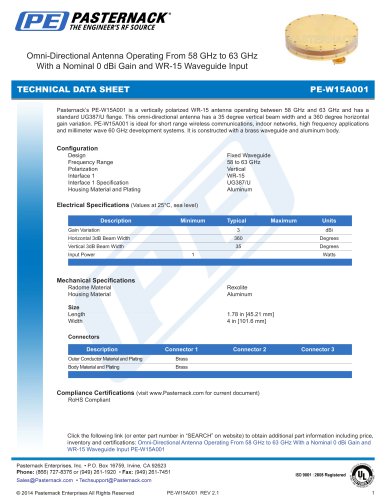 WR-15 Waveguide Horn Antenna Operating From 58 GHz to 63 GHz With a Nominal 0 dBi Gain With UG-387/U Flange