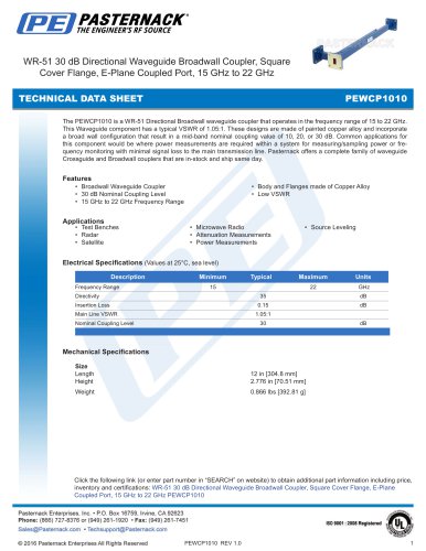 WR-51 30 dB Directional Waveguide Broadwall Coupler, Square  Cover Flange, E-Plane Coupled Port, 15 GHz to 22 GHz