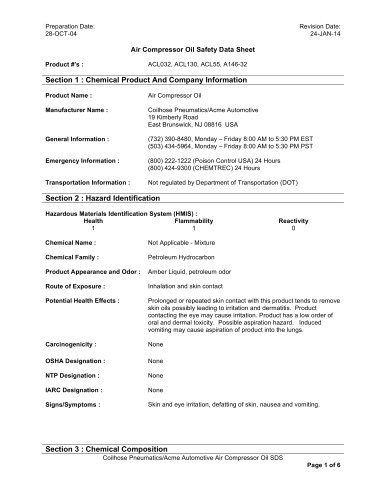 Air Compressor Oil Safety Data Sheet