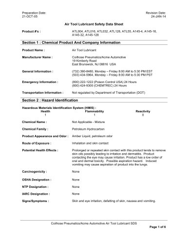 Air Tool Lubricant Safety Data Sheet