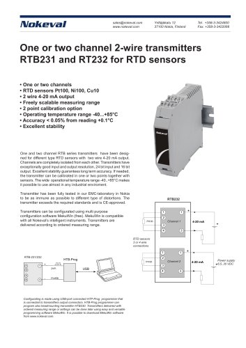 One or two channel 2-wire transmitters  RTB231 and RT232 for RTD sensors