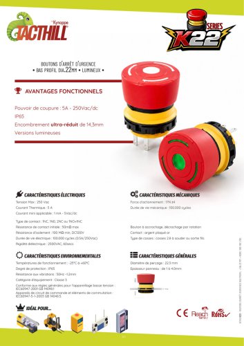 Boutons d'arrêt d'urgence bas profil dia.22 - K22