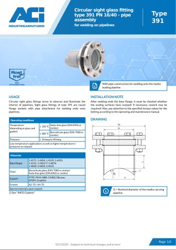 Circular sight glass fitting type 391 PN 16/40 - pipe assembly