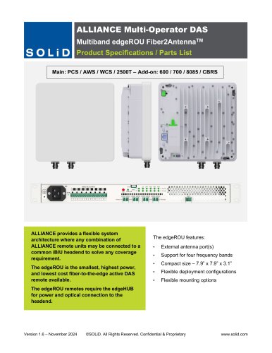 ALLIANCE Multi-Operator DAS Multiband edgeROU Fiber2AntennaTM Product Specifications / Parts List