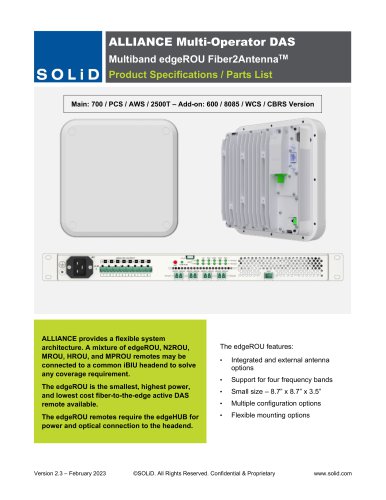 ALLIANCE Multi-Operator DAS Multiband edgeROU Fiber2AntennaTM Product Specifications / Parts List