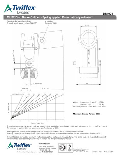 DS1003 MUS2 Disc Brake Caliper - Spring applied Pneumatically released