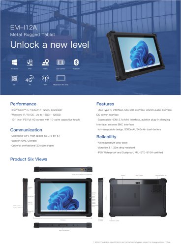 I12A Metal Rugged Tablet: Intel® Core™ i5/i7, Windows 11/10, 16GB RAM, 128GB Storage, 10.1" Full HD Touchscreen, Dual Band WIFI, 4G LTE, and Robust Connectivity Features