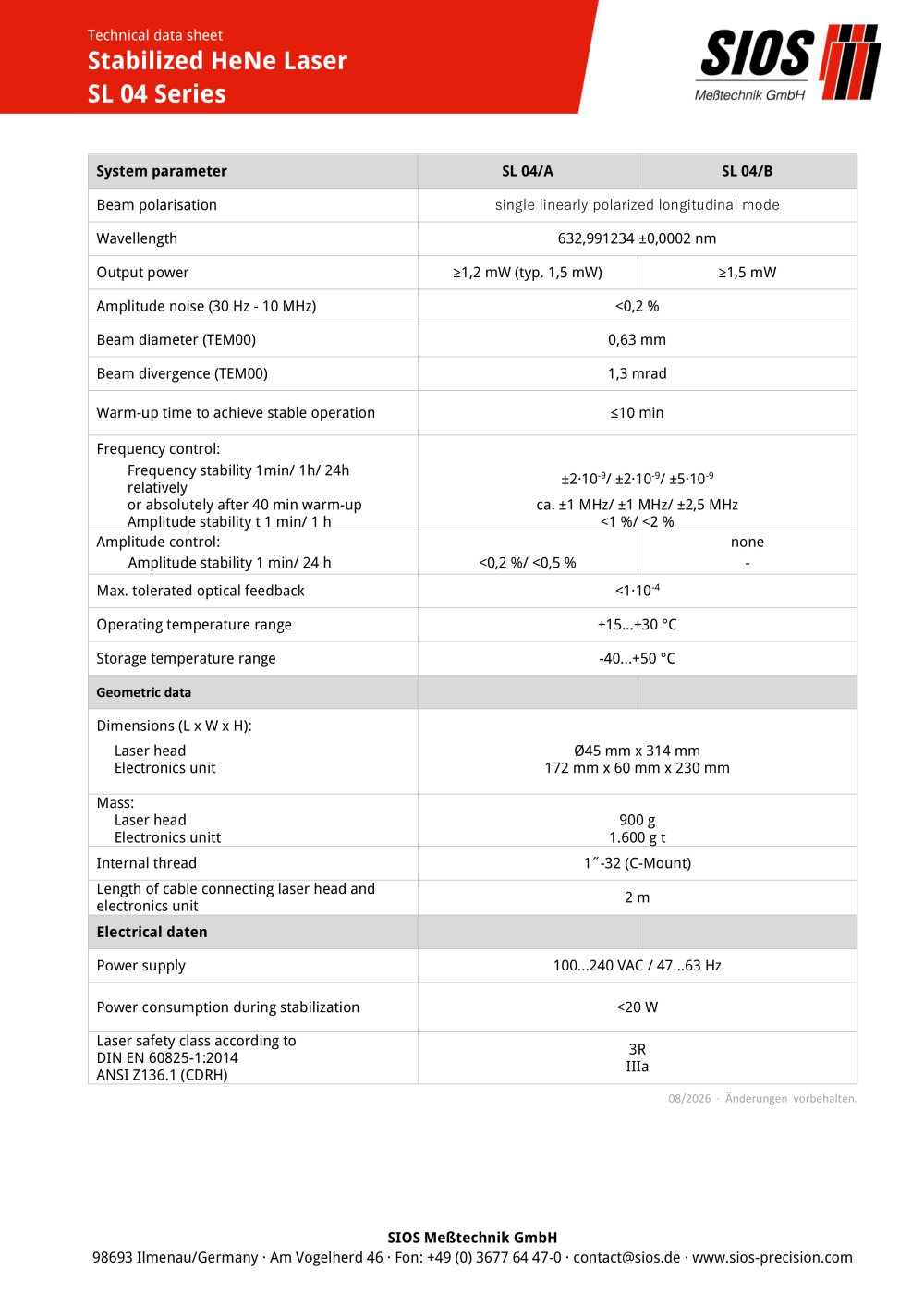 Technical data sheet: Frequency and amplitude stabilized HeNe lasers SL 04 - SIOS Me&szlig;technik GmbH